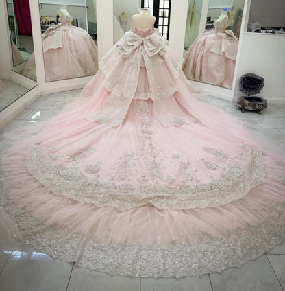 Off Shoulder Pink Quinceanera Dresses Lace Beaded Ball Gown Sweet 16 Party Dress HE1278
