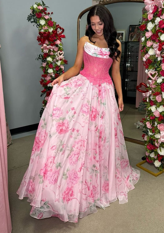 A Line Floral Print Prom Dresses Long Sweetheart Tulle Corset Evening Gowns for Women HE1417