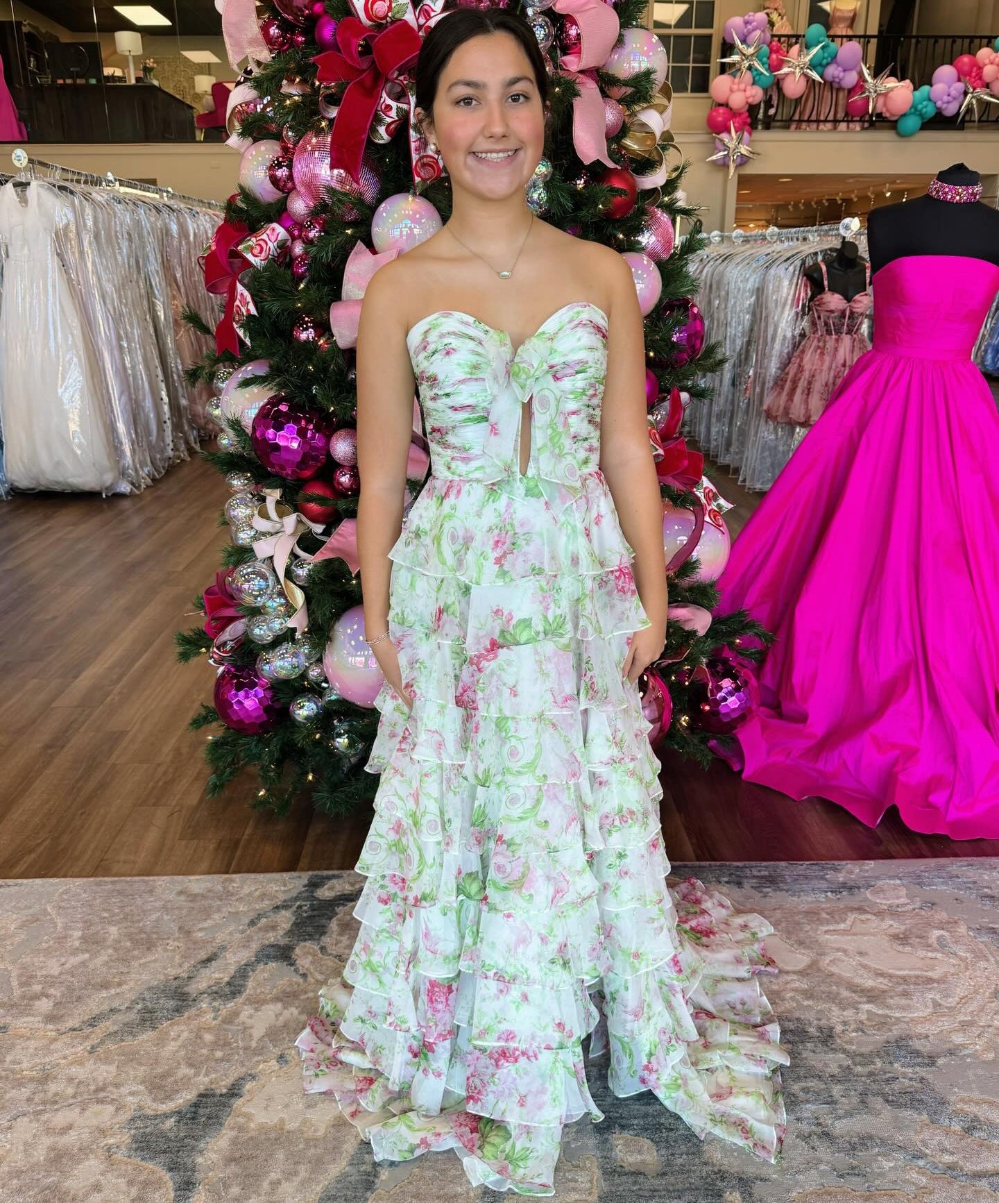 Women's Strapless Chiffon Floral Print Long Prom Dresses Ruffled Evening Party Gown HE1268