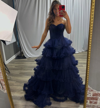 Women's A Line Prom Dresses Long Tulle Ruffled Keyhole Evening Party Gowns HE1324