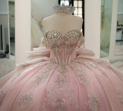 Off Shoulder Pink Quinceanera Dresses Lace Beaded Ball Gown Sweet 16 Party Dress HE1278