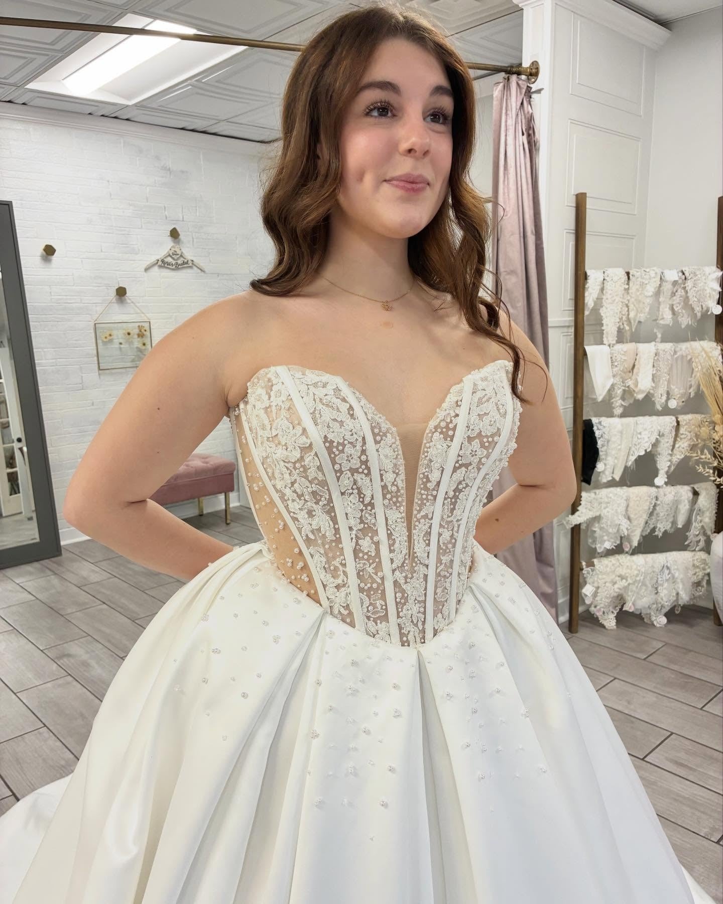 A Line Satin Lace Appliqued Wedding Dresses Strapless Boho Wedding Gowns HE1429