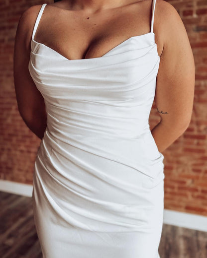 Mermaid Satin Pleated Wedding Dresses for Bride Spaghetti Straps Wedding Gowns HE1234