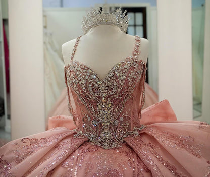 Ball Gown Lace Beaded Crystal Pink Quinceanera Dresses Sweetheart Party Gowns HE1255