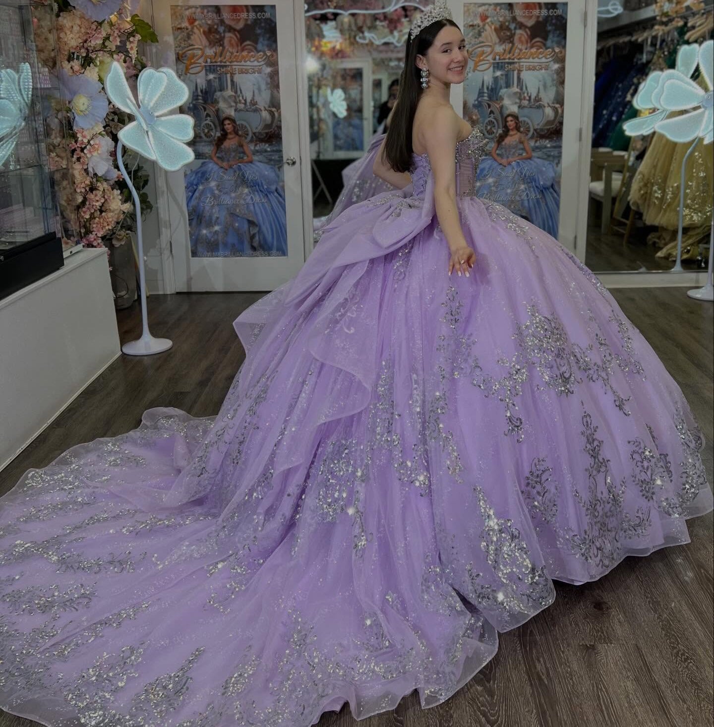 Sweetheart Ball Gown Lilac Quinceanera Dresses Glittery Tulle Beaded Sweet 15 Gowns HE1413