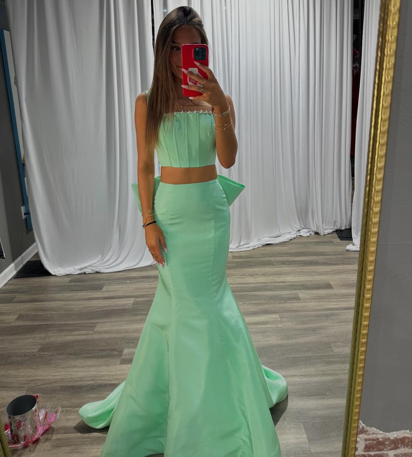 Mermaid Satin Two Pieces Prom Dresses Long Crystal Beaded Evening Gowns for Women HE1379