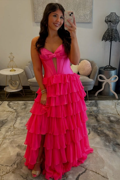Sweetheart A Line Chiffon Tiered Prom Dresses Long Strapless Evening Party Gowns with Slit HE1373