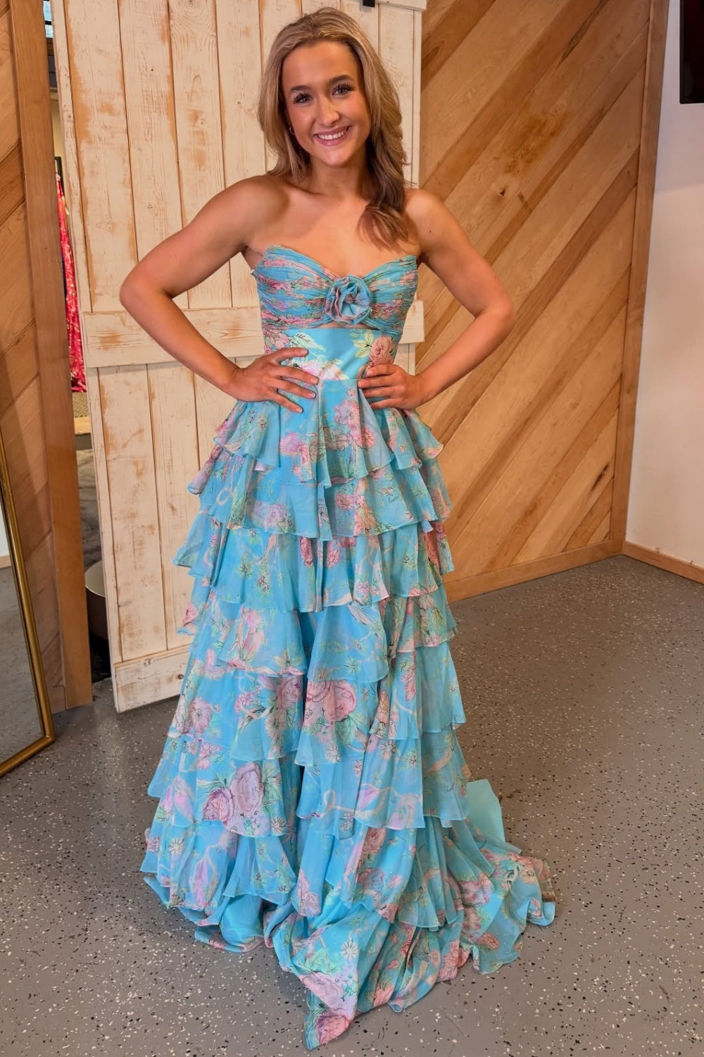 A Line Floral Print Long Prom Dresses Chiffon Ruffled Evening Party Gown for Women HE1325
