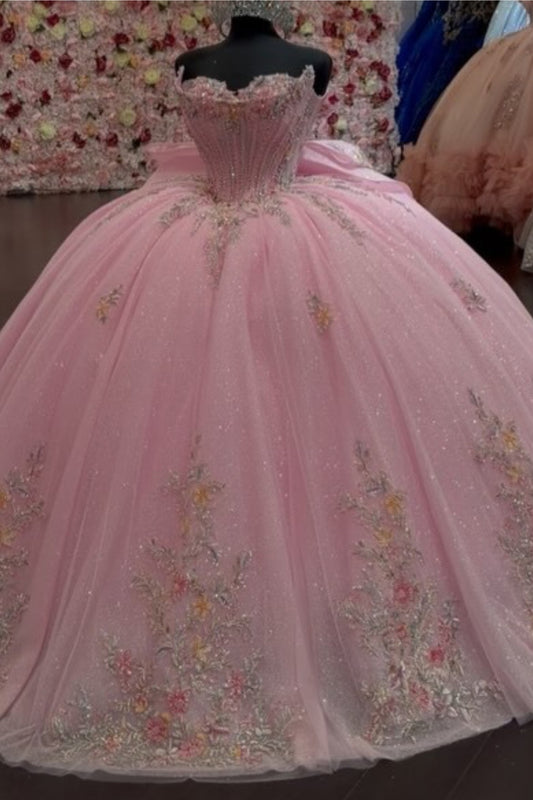 Ball Gown Tulle Lace Appliqued Pink Quinceanera Dresses Sweetheart Birthday Party Gowns HE1366