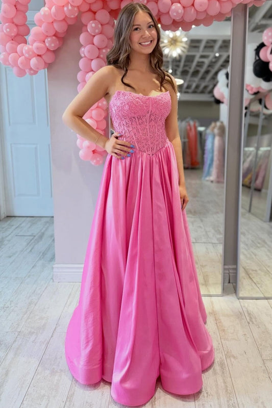Sweetheart A Line Satin Lace Prom Dresses Long Strapless Evening Party Gown HE1421