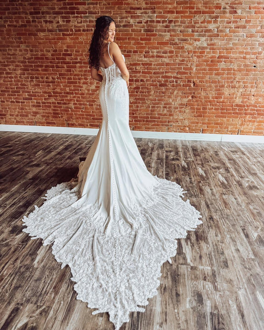Mermaid Satin Lace Appliqued Wedding Dresses Boho Corset Bride Wedding Gowns HE1340