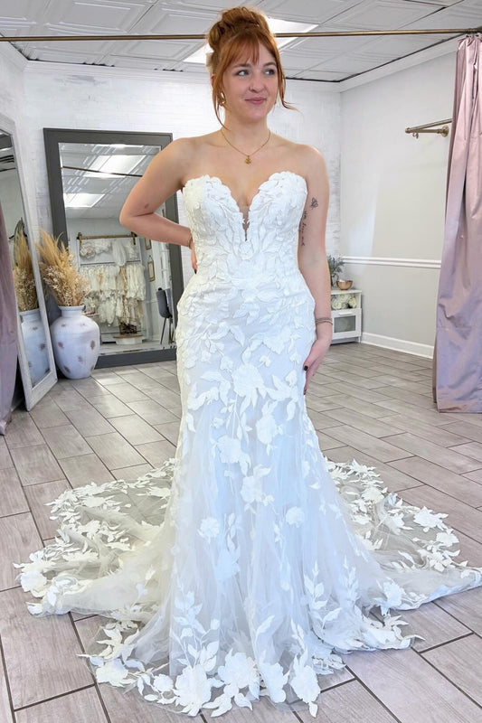 Mermaid Tulle Lace Appliqued Wedding Dresses Boho Sweetheart Bridal Wedding Gown HE1435
