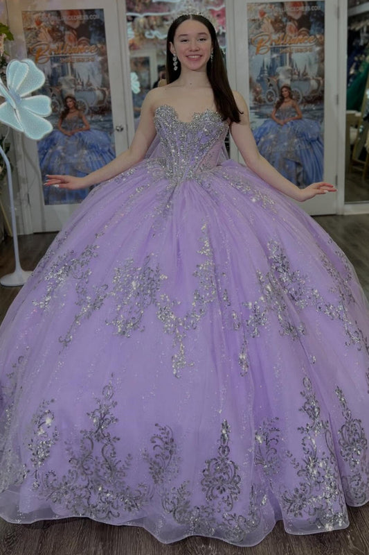 Sweetheart Ball Gown Lilac Quinceanera Dresses Glittery Tulle Beaded Sweet 15 Gowns HE1413