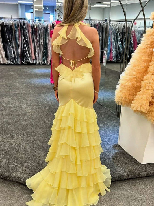 HE111-Sheath Yellow Prom Dresses Long Satin Ruffles V Neck Evening Gowns with Slit Sexy Backless Party Dresses for Women