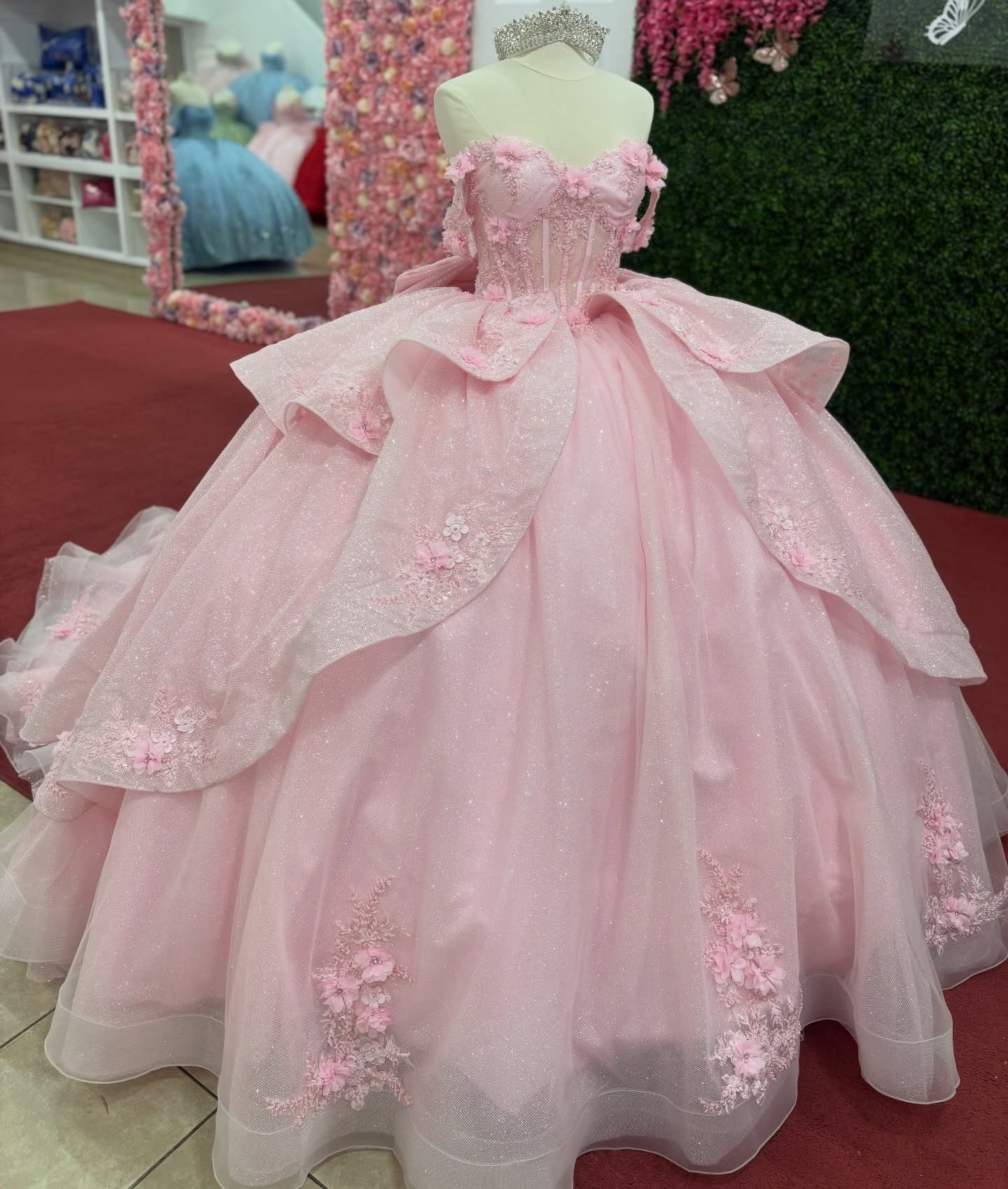 Off Shoulder Lace Appliqued Pink Quinceanera Dresses Corset Ruffled Sweet 15 Party Gown HE1279