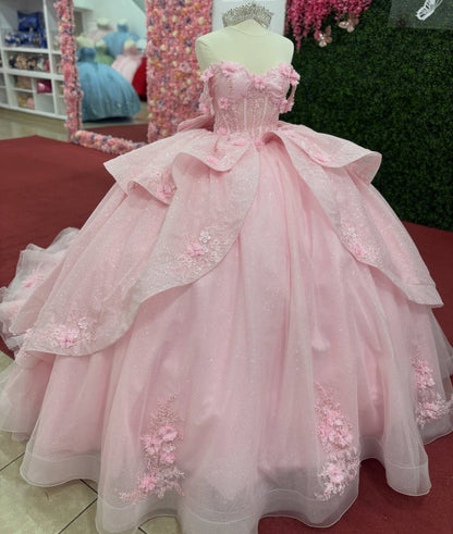 Off Shoulder Lace Appliqued Pink Quinceanera Dresses Corset Ruffled Sweet 15 Party Gown HE1279