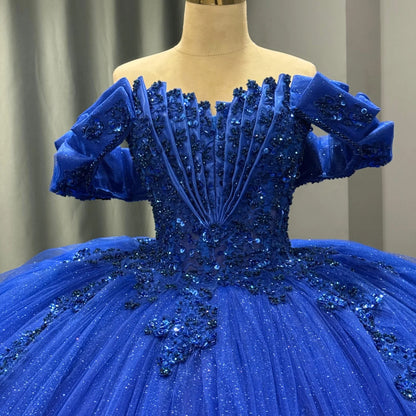 Ball Gown Tulle Ruffled Blue Quinceanera Dresses Crystal Beaded Birthday Party Gowns HE1362