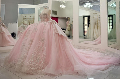 Off Shoulder Pink Quinceanera Dresses Lace Beaded Ball Gown Sweet 16 Party Dress HE1278