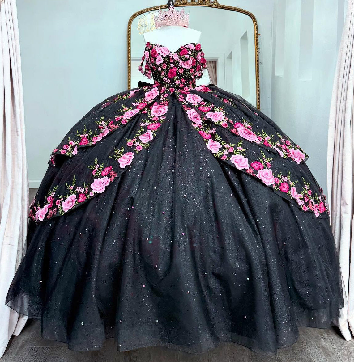 Off Shoulder Tulle 3D Flower Black Quinceanera Dresses Princess Sweet 15 Party Dress HE1294
