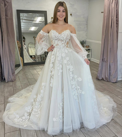 Long Sleeves Beach Bride Wedding Gowns A Line Lace Appliquedd Wedding Dress HE1438