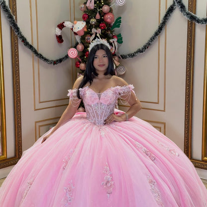Off Shoulder Princess Sweet 16 Quinceanera Dresses Pink Corset Birthday Party Gowns HE1262