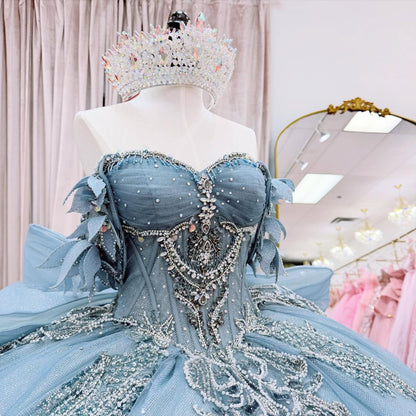 Tulle Lace Appliqued Blue Quinceanera Dresses Sweet 16 Princess Corset Party Gowns HE1292