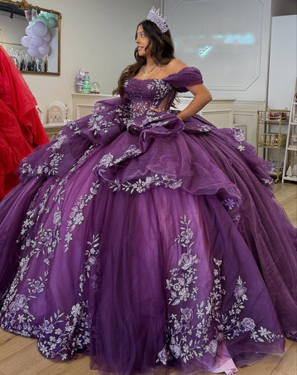 Off Shoulder Tulle Corset Appliqued Quinceanera Dresses Sweet 16 Party Gowns HE1288