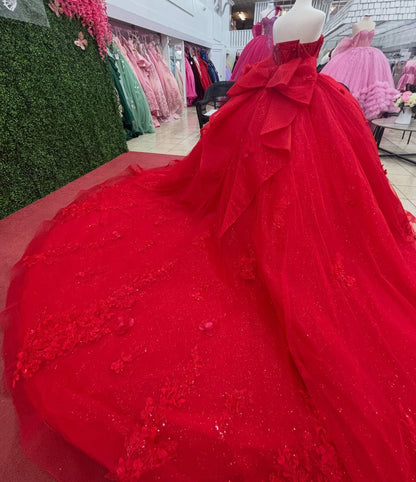 Princess Tulle Lace Appliqued Quinceanera Dresses Red Off Shoulder Party Gowns HE1359
