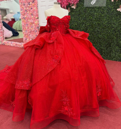 Ball Gown Tulle Lace Beaded Red Quinceanera Dresses Off Shoulder Sweet 15 Party Gown HE1280
