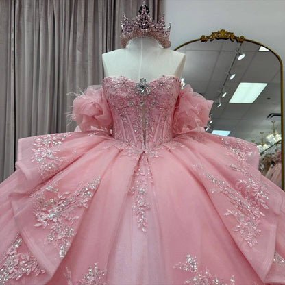 Tulle Lace Appliqued Pink Quinceanera Dresses Ball Gown Sweet 15 Birthday Gowns HE1301