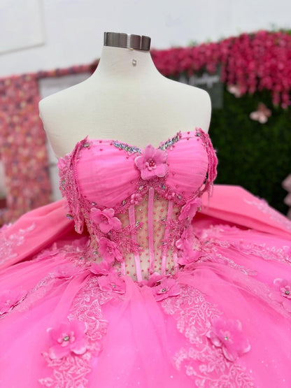 Princess Lace Appliqued Pink Quinceanera Dresses Off Shoulder Sweet 15 Birthday Gown HE1393