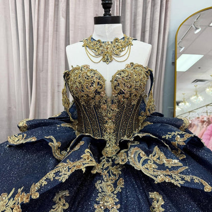 Glittery Sweet 16 Quinceanera Dresses Princess Tulle Appliqued Beaded Party Gowns HE1297