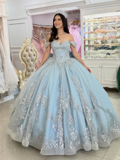 Princess Lace Sequin Appliqued Quinceanera Dresses Off Shoulder Sweet 16 Party Gown HE1404