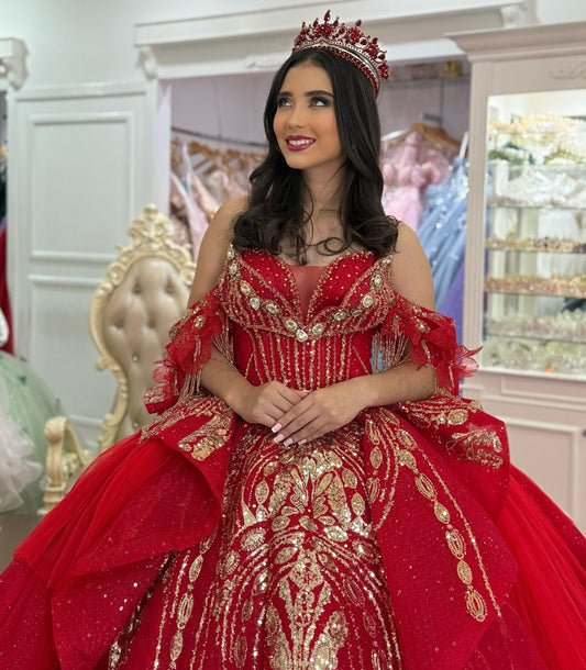 Princess Red Quinceanera Dresses Off Shoulder Lace Beaded Sweet 16 Party Gowns HE1263