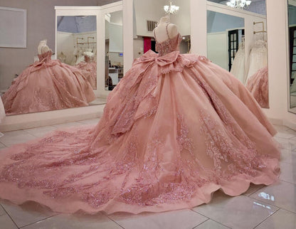 Ball Gown Lace Beaded Crystal Pink Quinceanera Dresses Sweetheart Party Gowns HE1255