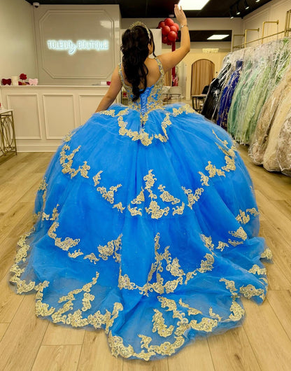 Gorgeous Lace Appliqued Blue Quinceanera Dresses Tulle Sweet 16 Birthday Party Gowns HE1351