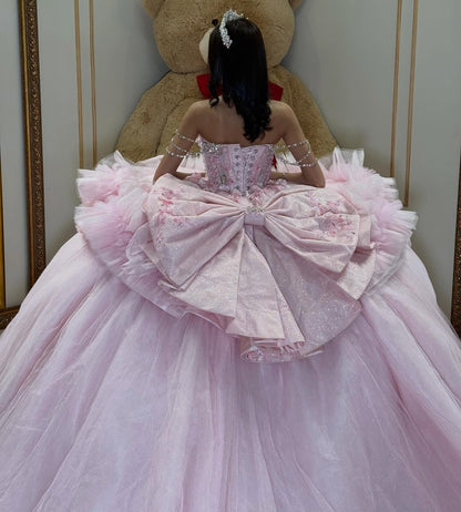 Off Shoulder Pink Quinceanera Dresses Tulle Beaded Corset Sweet 16 Party Gowns HE1353