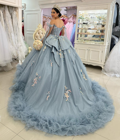 Gorgeous Ball Gown Tulle Ruffled Blue Quinceanera Dresses Off Shoulder Party Gowns HE1231