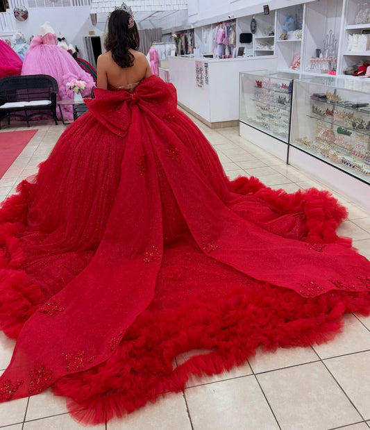 Princess Tulle Ruffled Red Quinceanera Dresses Off Shoulder Sweet 15 Birthday Gown HE1407