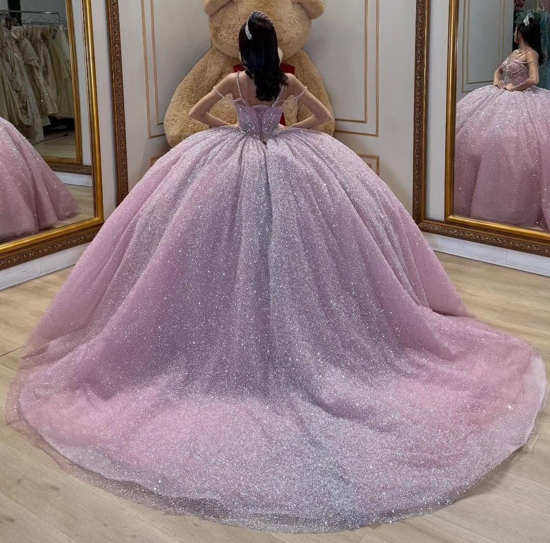 Glittery Tulle Crystal Beaded Pink Quinceanera Dresses Ball Gown Sweet 15 Party Dress HE1357