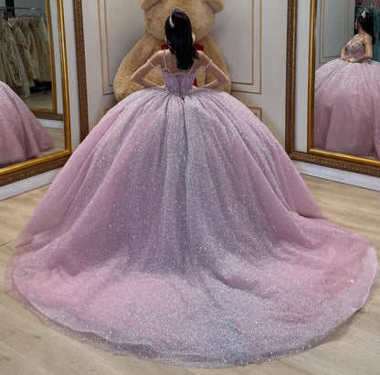 Glittery Tulle Crystal Beaded Pink Quinceanera Dresses Ball Gown Sweet 15 Party Dress HE1357
