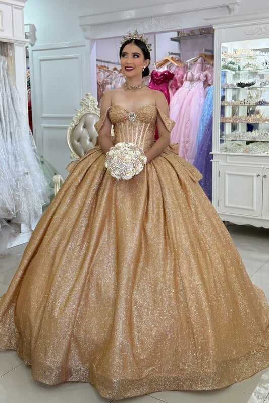 Off Shoulder Glittery Tulle Quinceanera Dresses Ball Gown Sweet 16 Birthday Party Dress HE1232