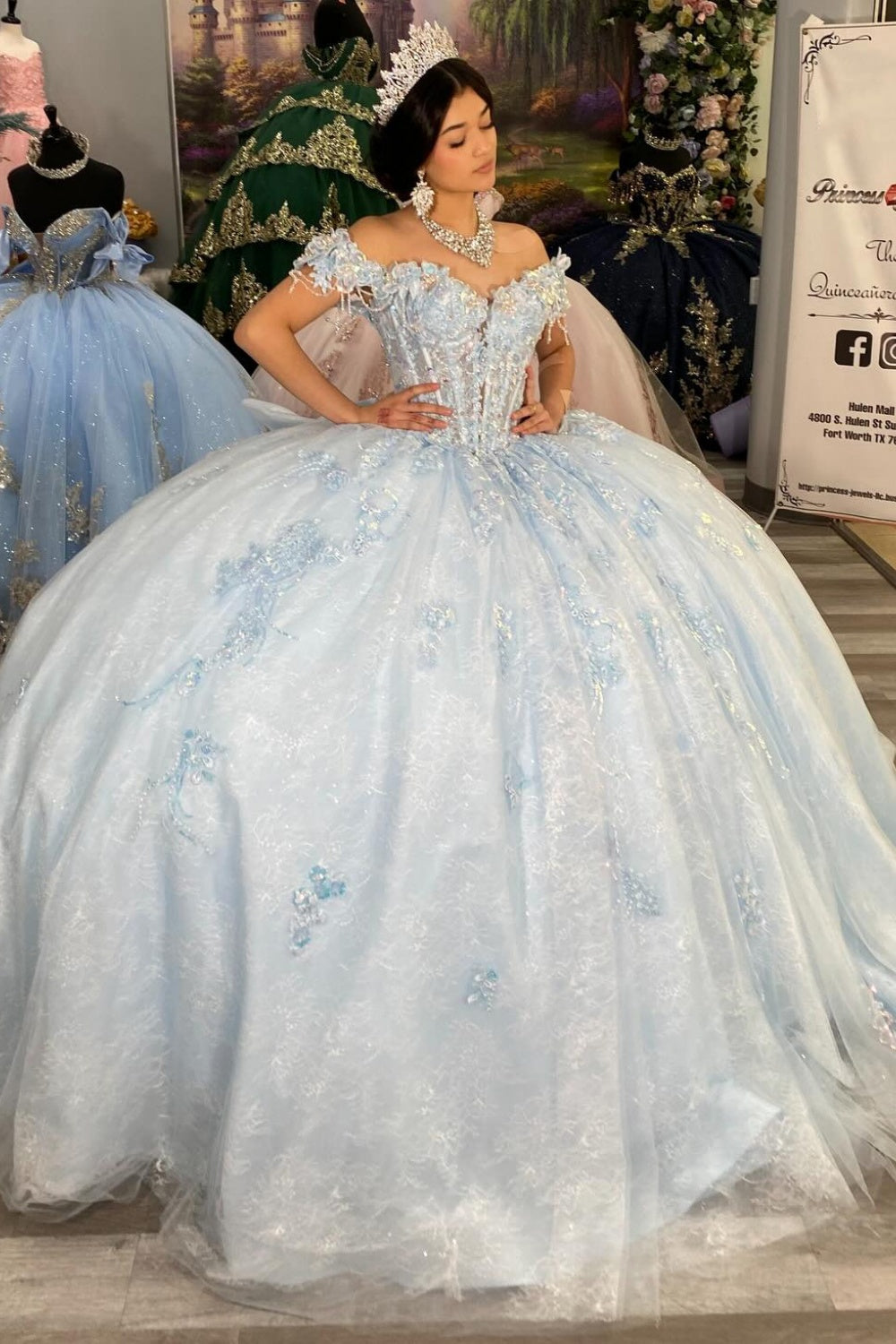 Princess Off Shoulder Lace Appliqued Quinceanera Dresses Ball Gown Sweet 16 Party Gowns HE1352