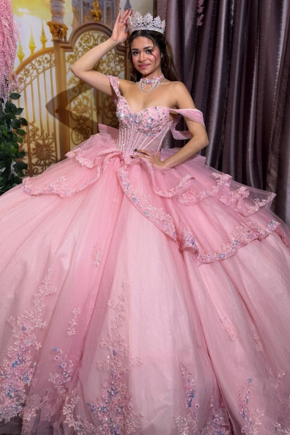 Ball Gown Tulle Lace Pink Quinceanera Dresses Ruffled Corset Sweet 16 Party Gowns HE1349