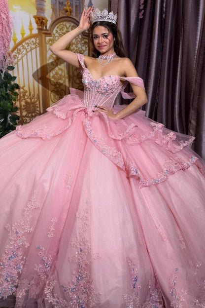 Ball Gown Tulle Lace Pink Quinceanera Dresses Ruffled Corset Sweet 16 Party Gowns HE1349