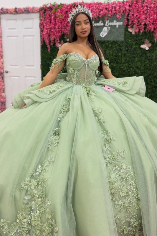Tulle Appliqued Ruffled Green Quinceanera Dresses Ball Gown Sweet 16 Party Dresses HE1350