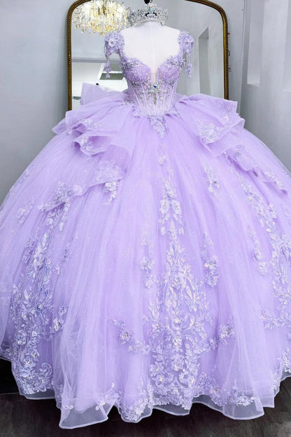 Lilac Sweet 16 Quinceanera Dresses Sweetheart Tulle Lace Appliqued Party Gowns HE1296
