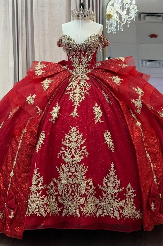Off Shoulder Red Quinceanera Dresses Tulle Lace Appliqued Sweet 15 Birthday Gown HE1300
