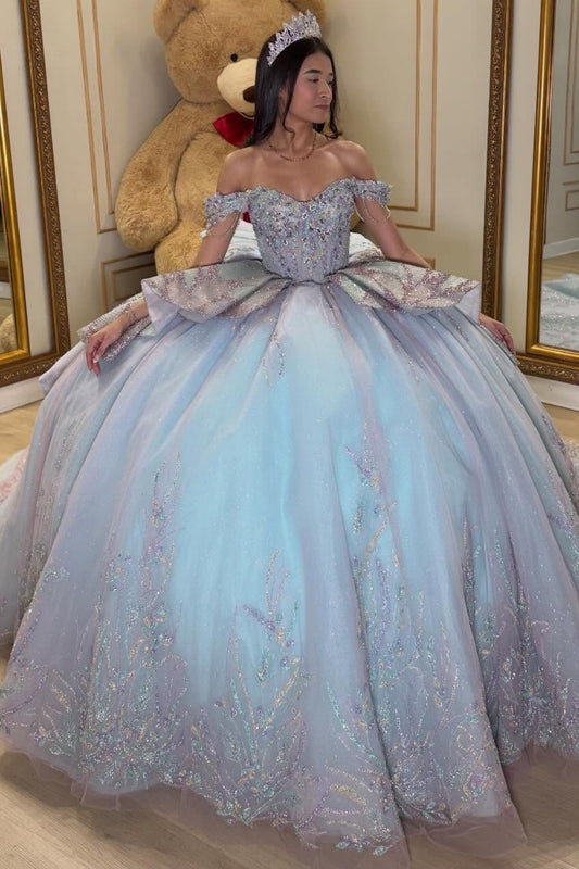 Gorgeous Tulle Appliqued Blue Quinceanera Dresses Off Shoulder Sweet 15 Birthday Gown HE1354