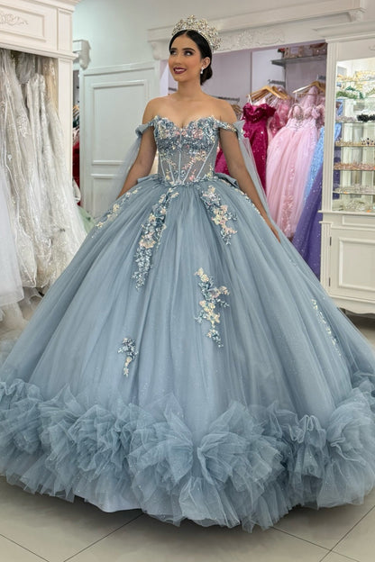 Gorgeous Ball Gown Tulle Ruffled Blue Quinceanera Dresses Off Shoulder Party Gowns HE1231